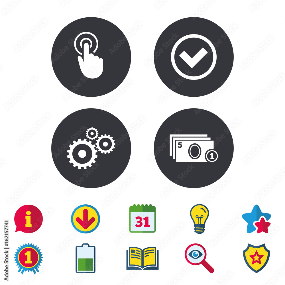 ATM cash machine withdrawal icons. Click here, check PIN number, processing and cash withdrawal symbols. Calendar, Information and Download signs. Stars, Award and Book icons. Vector ATM cash machine withdrawal icons. Click here, check PIN number, processing and cash withdrawal symbols. Calendar, Information and Download signs. Stars, Award and Book icons. Vector