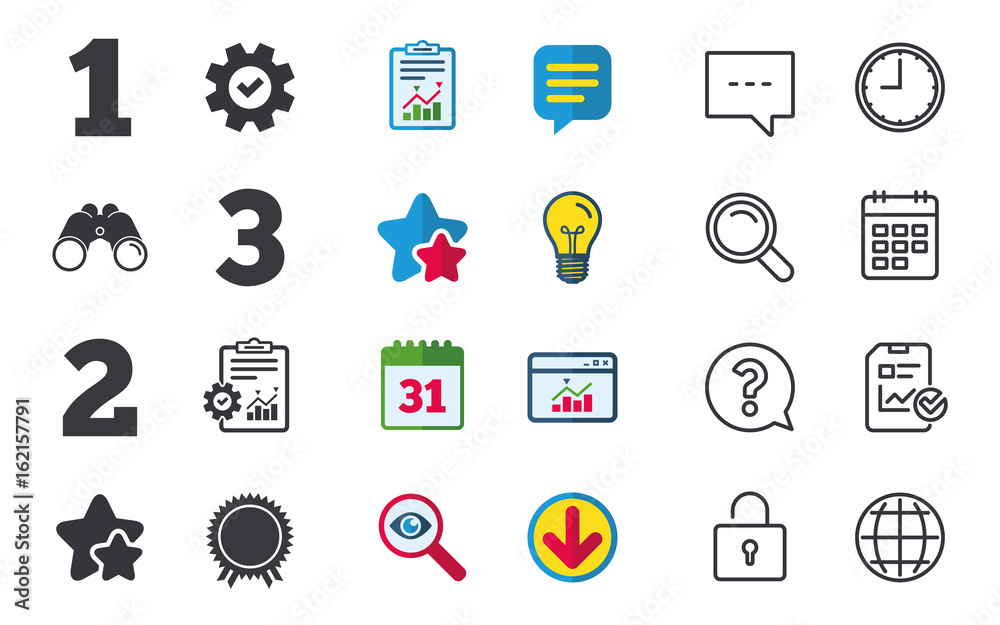 First, second and third place icons. Award medal sign symbol. Chat, Report and Calendar signs. Stars, Statistics and Download icons. Question, Clock and Globe. Vector