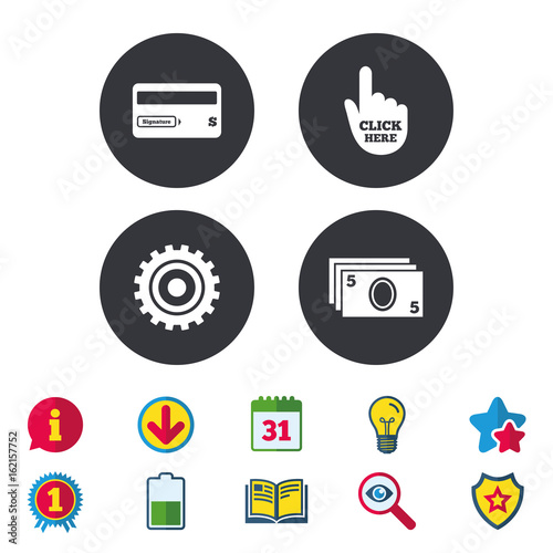 ATM cash machine withdrawal icons. Insert bank card, click here and check PIN, processing and get cash symbols. Calendar, Information and Download signs. Stars, Award and Book icons. Vector
