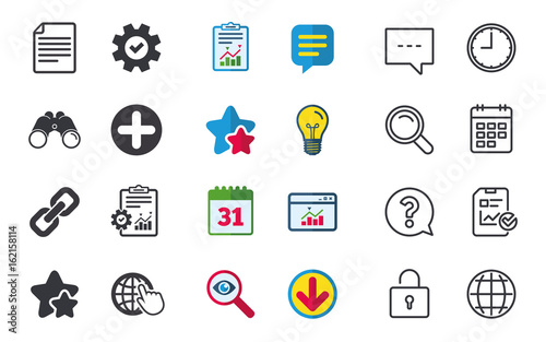 Plus add circle and hyperlink chain icons. Document file and globe with hand pointer sign symbols. Chat, Report and Calendar signs. Stars, Statistics and Download icons. Question, Clock and Globe