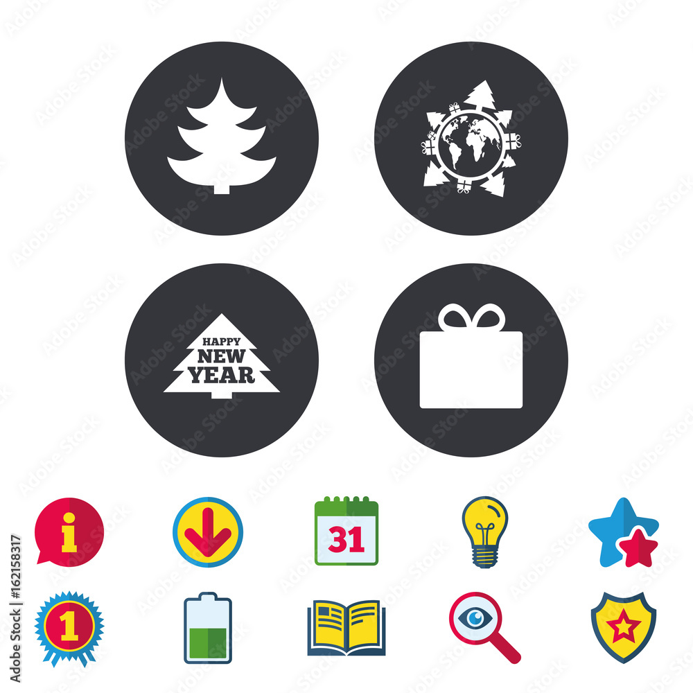 Happy new year icon. Christmas trees and gift box signs. World globe symbol. Calendar, Information and Download signs. Stars, Award and Book icons. Light bulb, Shield and Search. Vector