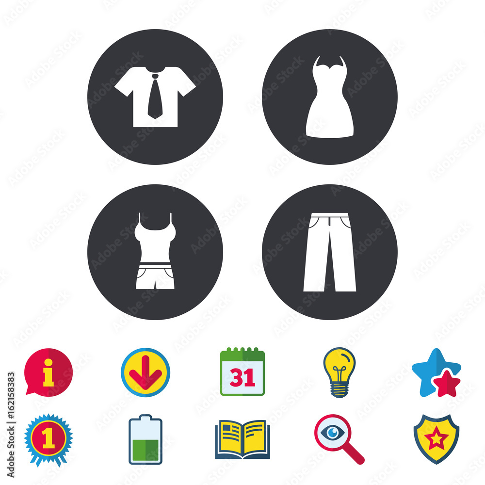 Clothes icons. T-shirt with business tie and pants signs. Women dress symbol. Calendar, Information and Download signs. Stars, Award and Book icons. Light bulb, Shield and Search. Vector Clothes icons. T-shirt with business tie and pants signs. Women dress symbol. Calendar, Information and Download signs. Stars, Award and Book icons. Light bulb, Shield and Search. Vector