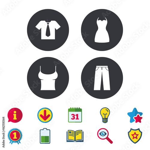 Clothes icons. T-shirt with business tie and pants signs. Women dress symbol. Calendar  Information and Download signs. Stars  Award and Book icons. Light bulb  Shield and Search. Vector