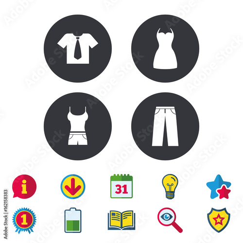 Clothes icons. T-shirt with business tie and pants signs. Women dress symbol. Calendar, Information and Download signs. Stars, Award and Book icons. Light bulb, Shield and Search. Vector