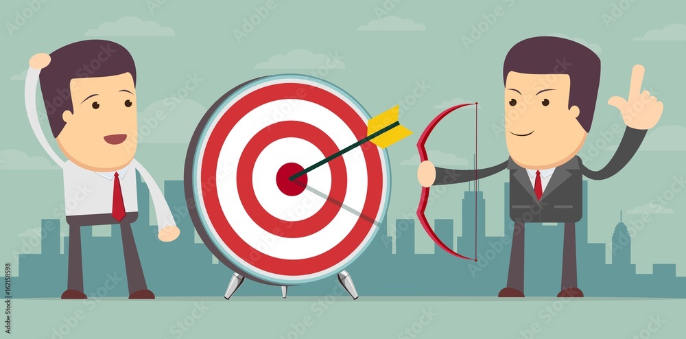 successful businessman aiming target with bow and arrow successful businessman aiming target with bow and arrow