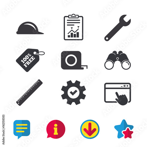 Construction helmet and wrench key tool icons. Ruler and tape measure roulette sign symbols. Browser window, Report and Service signs. Binoculars, Information and Download icons. Stars and Chat