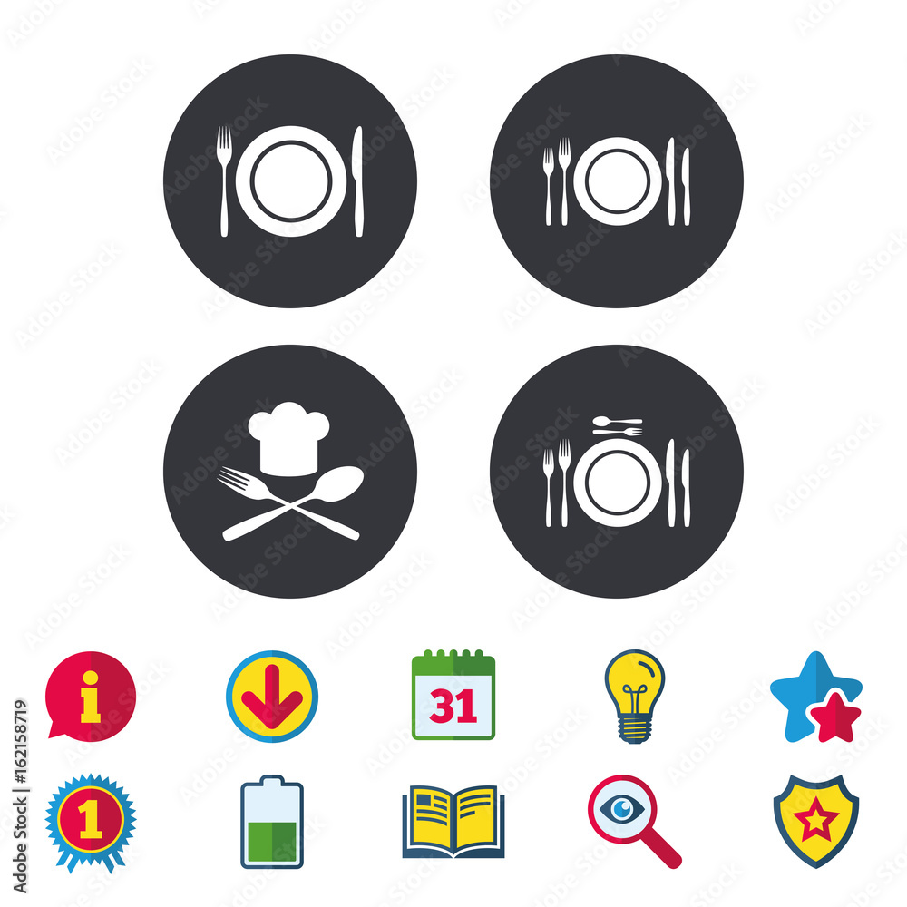 Plate dish with forks and knifes icons. Chief hat sign. Crosswise cutlery symbol. Dining etiquette. Calendar, Information and Download signs. Stars, Award and Book icons. Light bulb, Shield and Search Plate dish with forks and knifes icons. Chief hat sign. Crosswise cutlery symbol. Dining etiquette. Calendar, Information and Download signs. Stars, Award and Book icons. Light bulb, Shield and Search