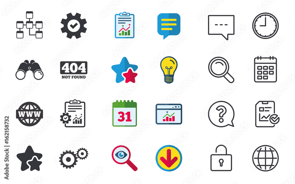 Website database icon. Internet globe and gear signs. 404 page not found symbol. Under construction. Chat, Report and Calendar signs. Stars, Statistics and Download icons. Question, Clock and Globe Website database icon. Internet globe and gear signs. 404 page not found symbol. Under construction. Chat, Report and Calendar signs. Stars, Statistics and Download icons. Question, Clock and Globe