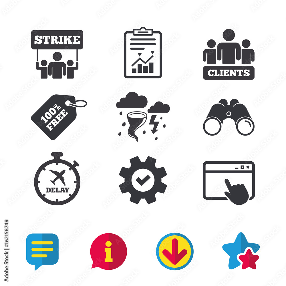 Strike icon. Storm bad weather and group of people signs. Delayed flight symbol. Browser window, Report and Service signs. Binoculars, Information and Download icons. Stars and Chat. Vector Strike icon. Storm bad weather and group of people signs. Delayed flight symbol. Browser window, Report and Service signs. Binoculars, Information and Download icons. Stars and Chat. Vector