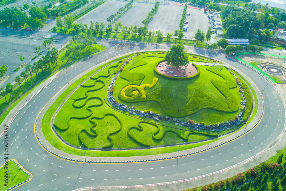 Aerial view of Royal Park Rajapruek roundabout with beautiful green garden , Chiang Mai , Thailand