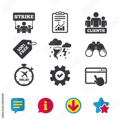 Strike icon. Storm bad weather and group of people signs. Delayed flight symbol. Browser window, Report and Service signs. Binoculars, Information and Download icons. Stars and Chat. Vector