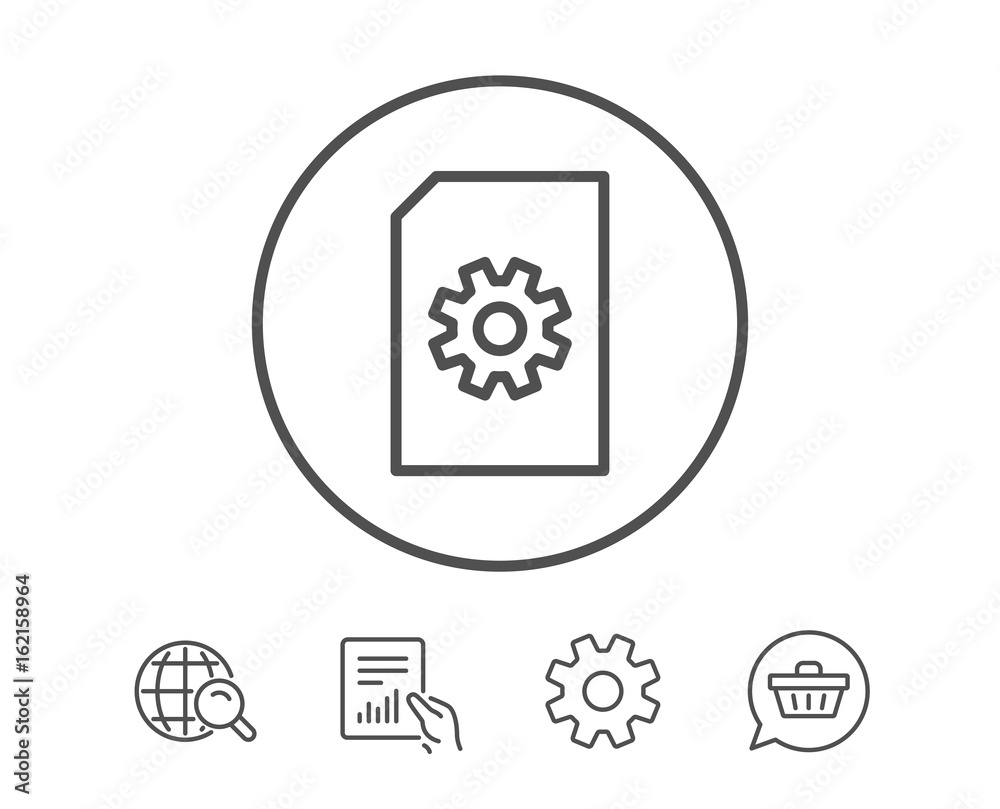 Document Management line icon. Information File with Cogwheel sign. Paper page concept symbol. Hold Report, Service and Global search line signs. Shopping cart icon. Editable stroke. Vector Document Management line icon. Information File with Cogwheel sign. Paper page concept symbol. Hold Report, Service and Global search line signs. Shopping cart icon. Editable stroke. Vector