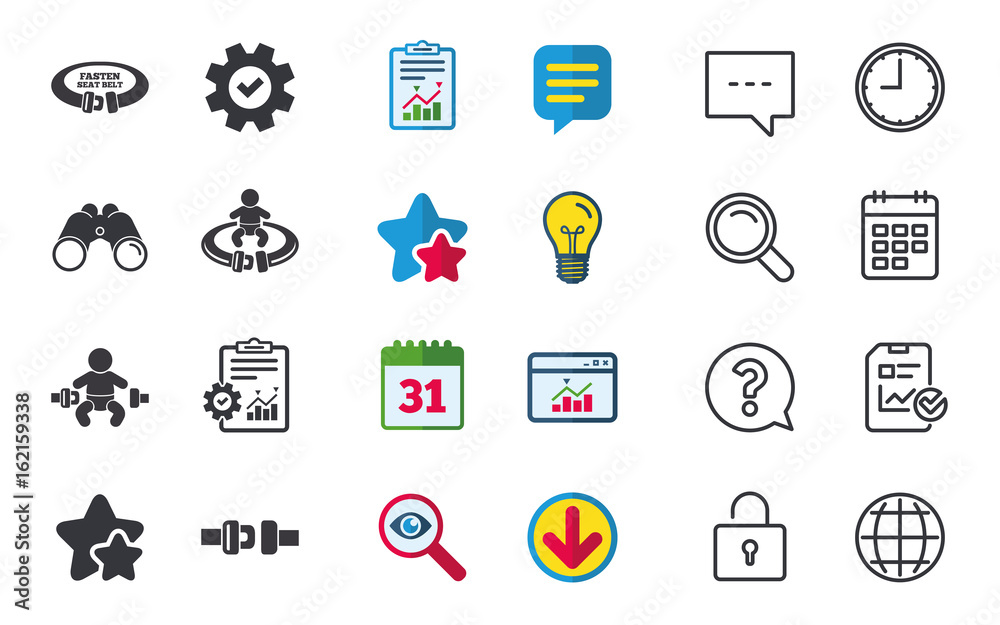 Fasten seat belt icons. Child safety in accident symbols. Vehicle safety belt signs. Chat, Report and Calendar signs. Stars, Statistics and Download icons. Question, Clock and Globe. Vector Fasten seat belt icons. Child safety in accident symbols. Vehicle safety belt signs. Chat, Report and Calendar signs. Stars, Statistics and Download icons. Question, Clock and Globe. Vector