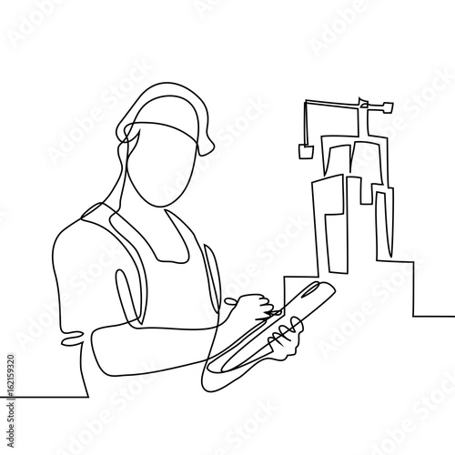 Continuous line drawing. Standing builder man holding tablet. Vector illustration on white background