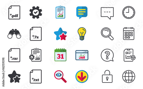 Download document icons. File extensions symbols. PDF, RAR, 7z and TXT signs. Chat, Report and Calendar signs. Stars, Statistics and Download icons. Question, Clock and Globe. Vector