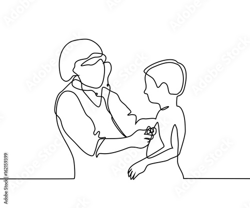 Doctor with stethoscope treat patient small boy. Continuous line drawing. Vector illustration on white background