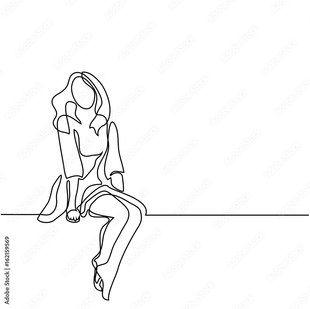 Young woman in dress sitting. Continuous line drawing. Vector illustration