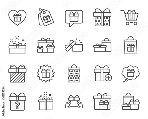 Gifts line icons. Set of Present box, Offer and Sale signs. Shopping cart, Tags and Chat symbols. Speech bubble, Give a gift and Question mark. Quality design elements. Editable stroke. Vector