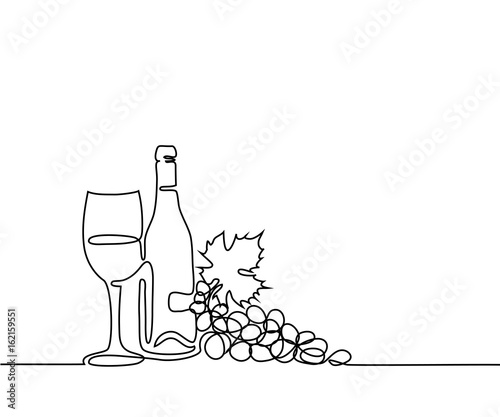 Continuous line drawing. Wine bottle, glass and grape contour. Black outline vector.