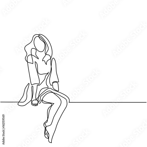 Young woman in dress sitting. Continuous line drawing. Vector illustration