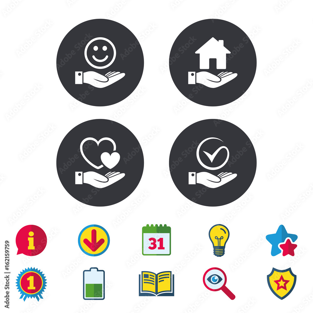 Smile and hand icon. Heart and Tick or Check symbol. Palm holds house building sign. Calendar, Information and Download signs. Stars, Award and Book icons. Light bulb, Shield and Search. Vector