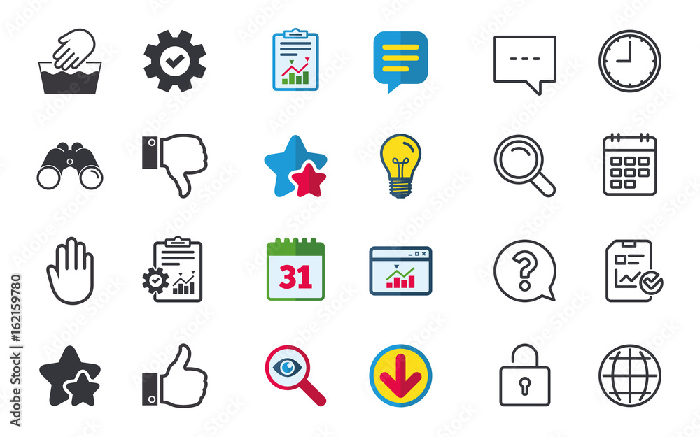 Hand icons. Like and dislike thumb up symbols. Not machine washable sign. Stop no entry. Chat, Report and Calendar signs. Stars, Statistics and Download icons. Question, Clock and Globe. Vector