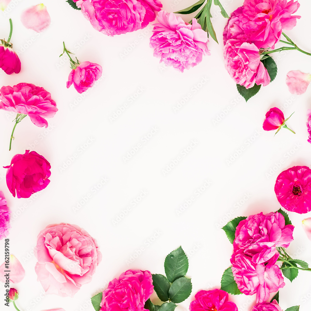 Floral round frame of roses, peonies and leaves on white background. Flat lay, top view. Floral lifestyle composition.