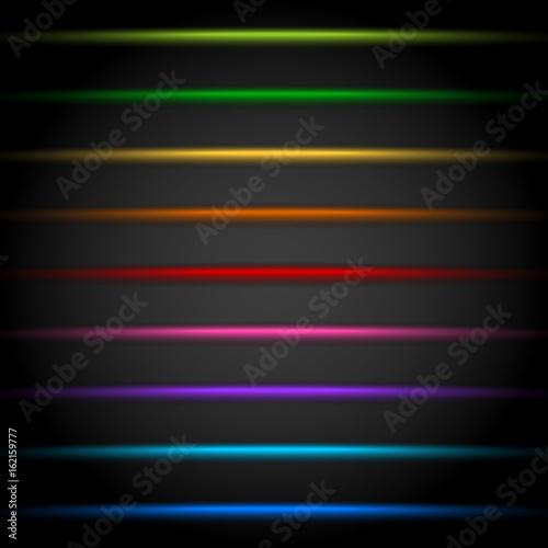 Horizontal light streak effect in several colors. Colorful beams, rays. Shiny transparent light effects