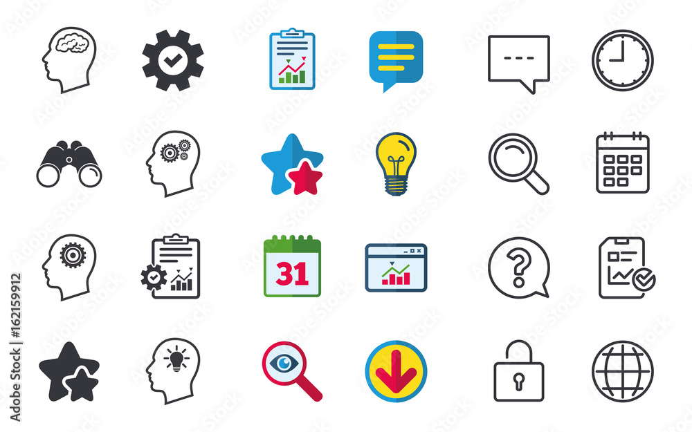 Head with brain and idea lamp bulb icons. Male human think symbols. Cogwheel gears signs. Chat, Report and Calendar signs. Stars, Statistics and Download icons. Question, Clock and Globe. Vector