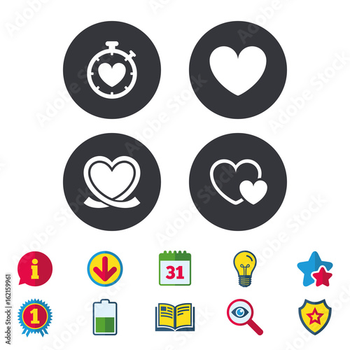 Heart ribbon icon. Timer stopwatch symbol. Love and Heartbeat palpitation signs. Calendar, Information and Download signs. Stars, Award and Book icons. Light bulb, Shield and Search. Vector
