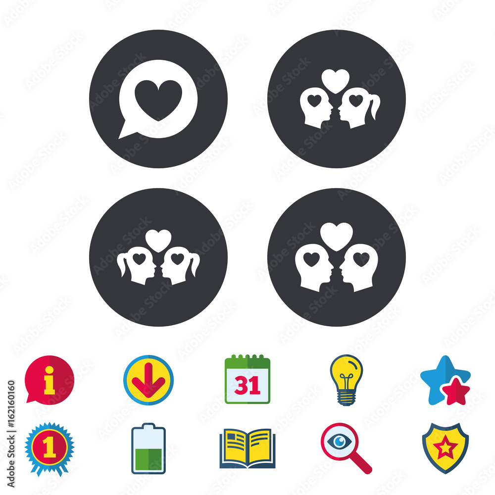 Couple love icon. Lesbian and Gay lovers signs. Romantic homosexual relationships. Speech bubble with heart symbol. Calendar, Information and Download signs. Stars, Award and Book icons. Vector