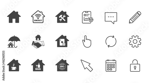 Real estate icons. House insurance, broker and casino with bar signs. Handshake deal, coffee and smart house symbols. Chat, Report and Calendar line signs. Service, Pencil and Locker icons. Vector