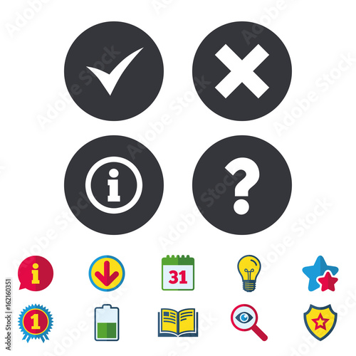 Information icons. Delete and question FAQ mark signs. Approved check mark symbol. Calendar, Information and Download signs. Stars, Award and Book icons. Light bulb, Shield and Search. Vector