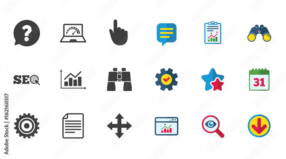 Internet, seo icons. Analysis chart, page and computer signs. Question speech bubble symbol. Calendar, Report and Download signs. Stars, Service and Search icons. Statistics, Binoculars and Chat