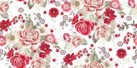 Fototapete Rosenmuster Blasse Rosen mit roten Blüten  © Maria