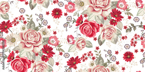 Seamless pattern with pale roses and red flowers on white background