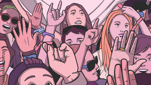 Illustration of festival crowd cheering and dancing in color