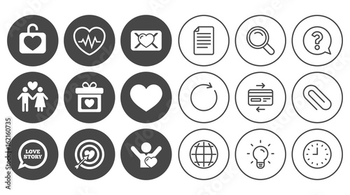 Love, valentine day icons. Target with heart, oath letter and locker symbols. Couple lovers, heartbeat signs. Document, Globe and Clock line signs. Lamp, Magnifier and Paper clip icons. Vector