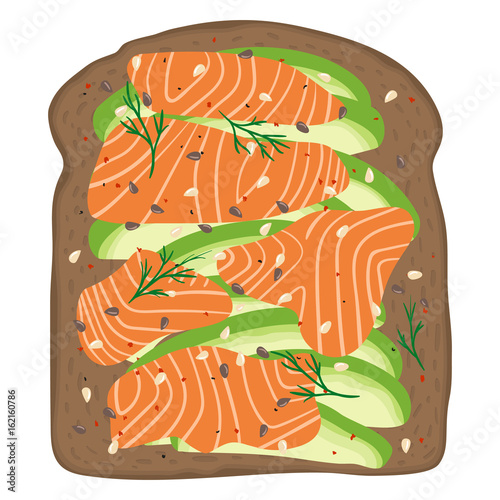 Avocado salmon toast. Delicious sandwich made of fresh spelt toasted bread with slices of avocado and smoked lox. Sesame seeds, seasoning and dill. Healthy breakfast. Hand drawn vector illustration. 