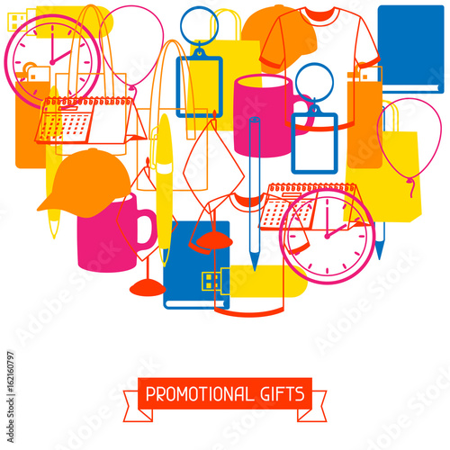 Advertising background with promotional gifts and souvenirs