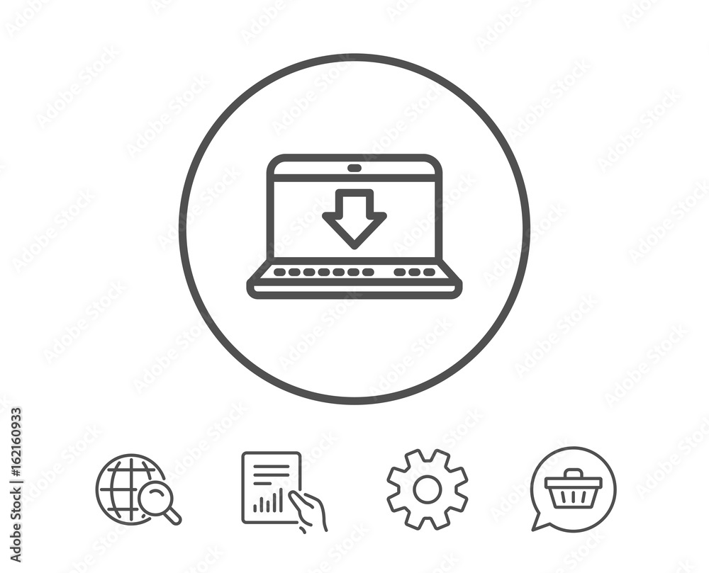 Download line icon. Internet Downloading with Laptop sign. Load file symbol. Hold Report, Service and Global search line signs. Shopping cart icon. Editable stroke. Vector Download line icon. Internet Downloading with Laptop sign. Load file symbol. Hold Report, Service and Global search line signs. Shopping cart icon. Editable stroke. Vector