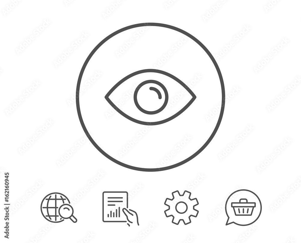 Eye line icon. Look or Optical Vision sign. View or Watch symbol. Hold Report, Service and Global search line signs. Shopping cart icon. Editable stroke. Vector Eye line icon. Look or Optical Vision sign. View or Watch symbol. Hold Report, Service and Global search line signs. Shopping cart icon. Editable stroke. Vector