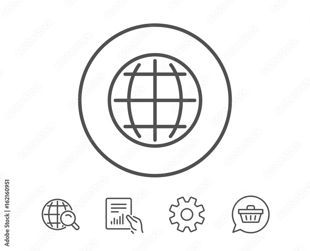 Globe line icon. World or Earth sign. Global Internet symbol. Hold Report, Service and Global search line signs. Shopping cart icon. Editable stroke. Vector Globe line icon. World or Earth sign. Global Internet symbol. Hold Report, Service and Global search line signs. Shopping cart icon. Editable stroke. Vector