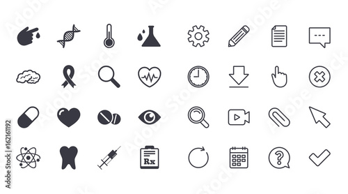 Set of Healthcare, Medicine and Diagnosis icons. Tooth, Pills and Syringe signs. Brain, Blood test and Thermometer symbols. Calendar, Document and Download line signs. Pencil, Service and Search icons