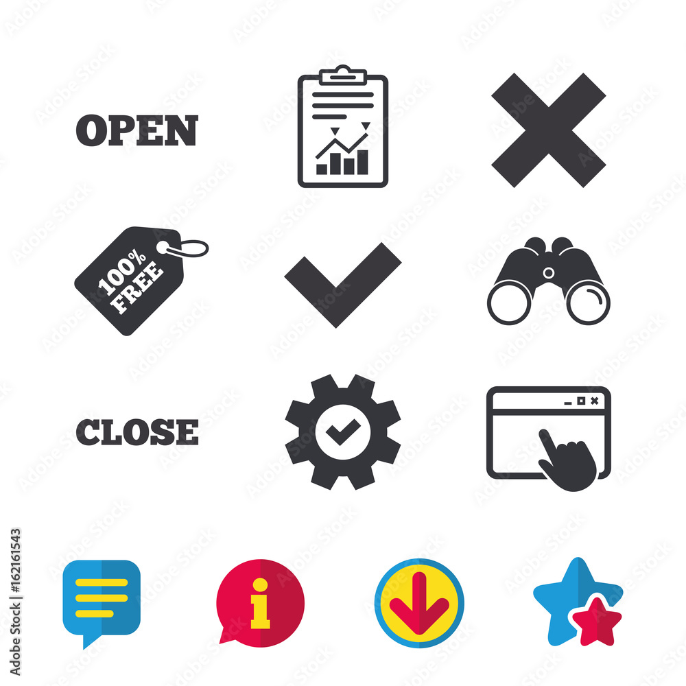 Open and Close icons. Check or Tick. Delete remove signs. Yes correct and cancel symbol. Browser window, Report and Service signs. Binoculars, Information and Download icons. Stars and Chat. Vector Open and Close icons. Check or Tick. Delete remove signs. Yes correct and cancel symbol. Browser window, Report and Service signs. Binoculars, Information and Download icons. Stars and Chat. Vector