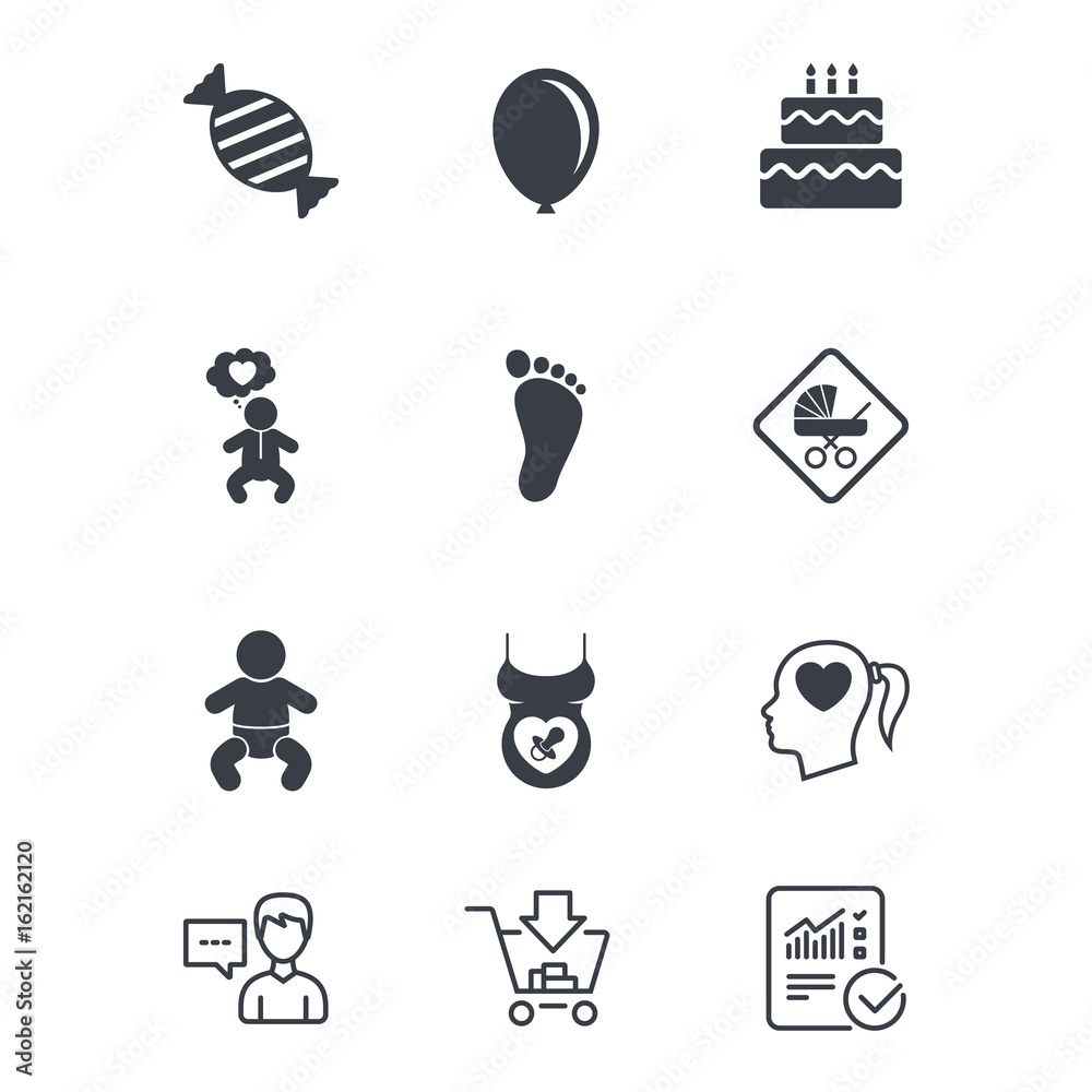 Pregnancy, maternity and baby care icons. Candy, strollers and pacifier signs. Footprint, birthday cake and heart symbols. Customer service, Shopping cart and Report line signs. Vector Pregnancy, maternity and baby care icons. Candy, strollers and pacifier signs. Footprint, birthday cake and heart symbols. Customer service, Shopping cart and Report line signs. Vector