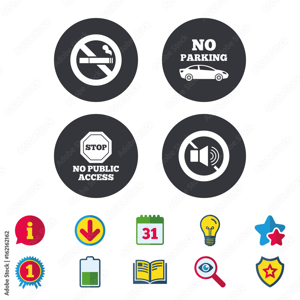 Stop smoking and no sound signs. Private territory parking or public access. Cigarette symbol. Speaker volume. Calendar, Information and Download signs. Stars, Award and Book icons. Vector