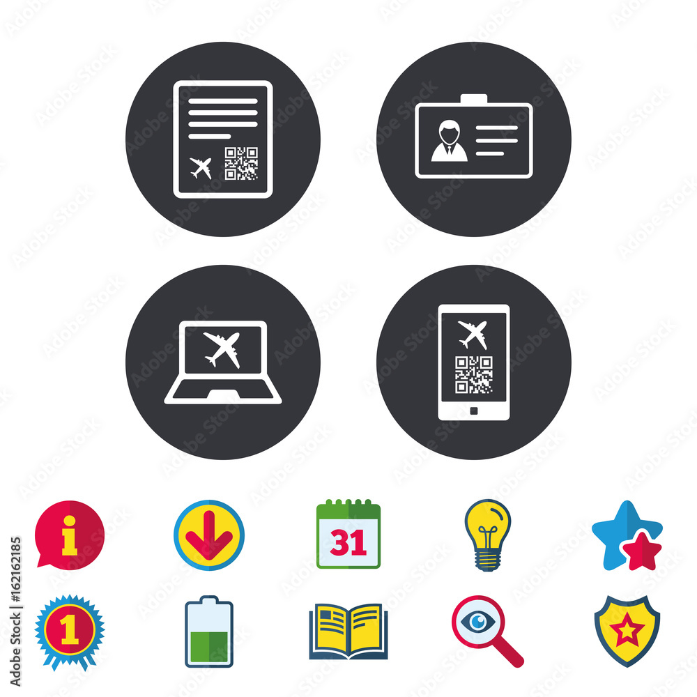 QR scan code in smartphone icon. Boarding pass flight sign. Identity ID card badge symbol. Calendar, Information and Download signs. Stars, Award and Book icons. Light bulb, Shield and Search. Vector QR scan code in smartphone icon. Boarding pass flight sign. Identity ID card badge symbol. Calendar, Information and Download signs. Stars, Award and Book icons. Light bulb, Shield and Search. Vector