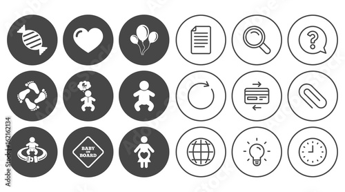 Pregnancy, maternity and baby care icons. Candy, strollers and fasten seat belt signs. Footprint, love and balloon symbols. Document, Globe and Clock line signs. Lamp, Magnifier and Paper clip icons