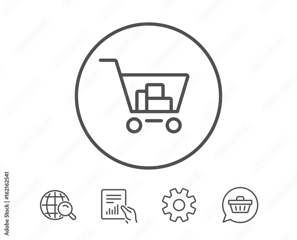 Shopping cart line icon. Online buying sign. Supermarket basket symbol. Hold Report, Service and Global search line signs. Shopping cart icon. Editable stroke. Vector Shopping cart line icon. Online buying sign. Supermarket basket symbol. Hold Report, Service and Global search line signs. Shopping cart icon. Editable stroke. Vector